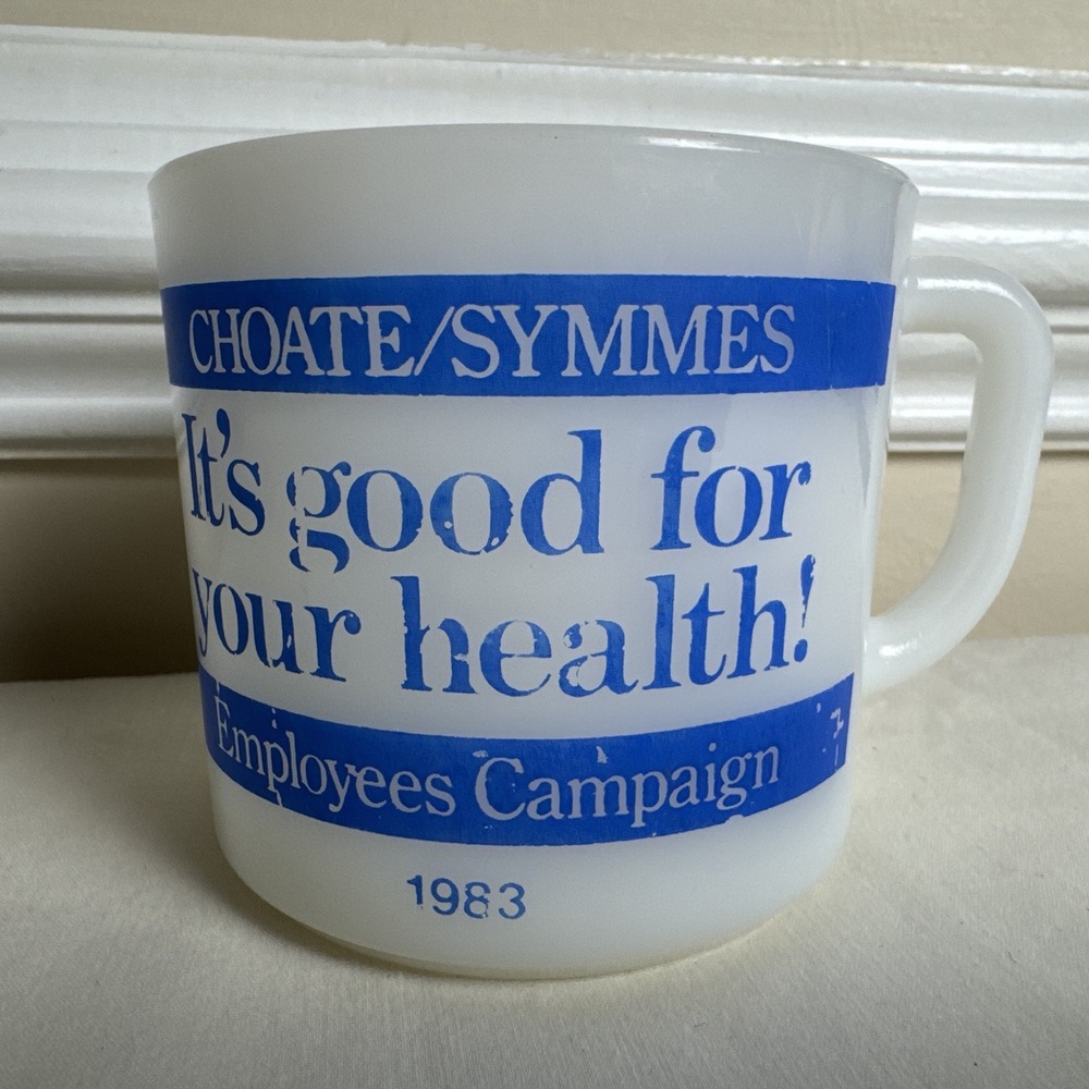 Vintage 1983 Glasbake Milk Glass Mug Choate Symmes Employees Campaign Blue‎ S120